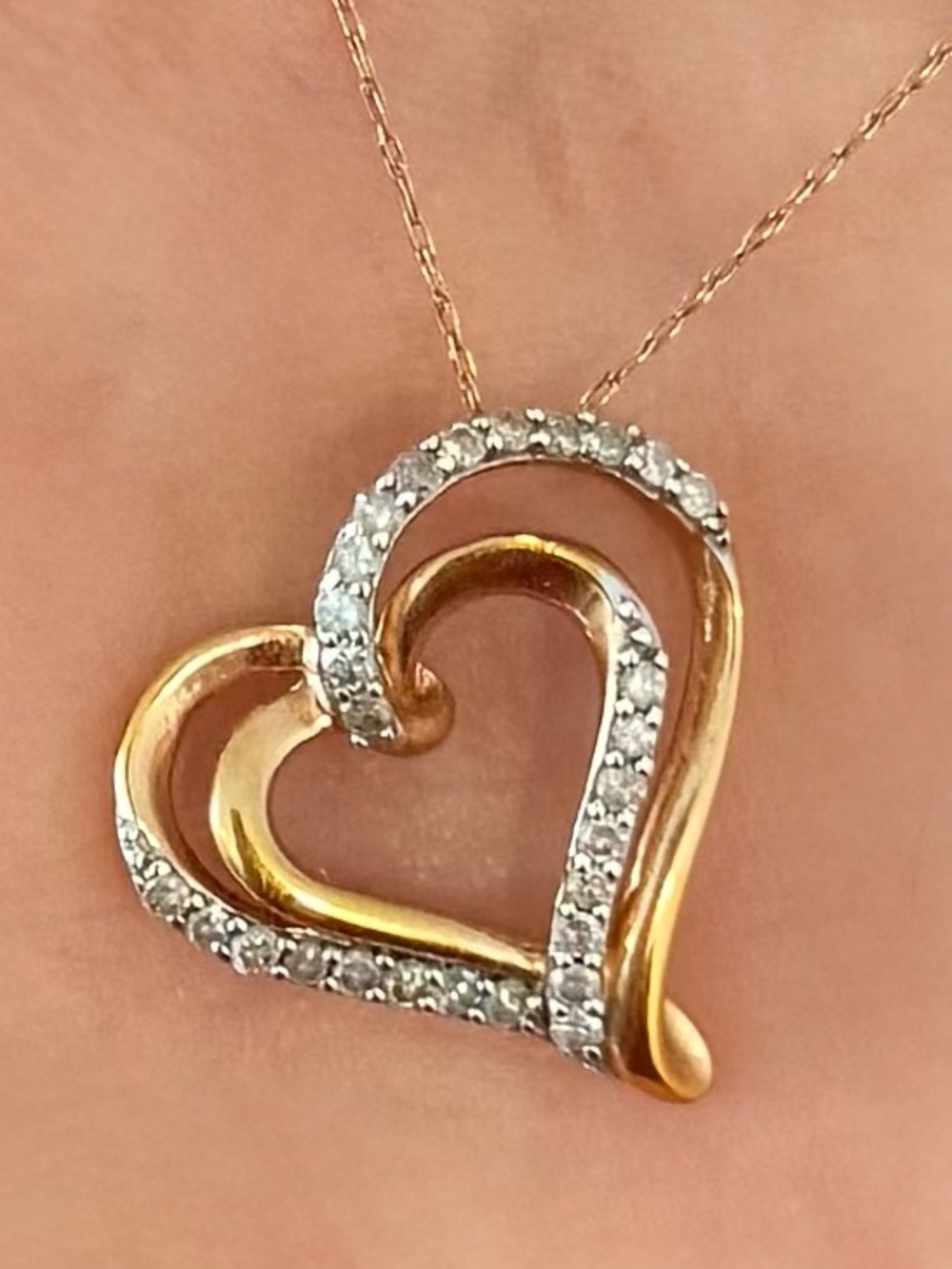 Solid 10K Rose Gold Double Heart Diamond Pendant Necklace 20" JWBR